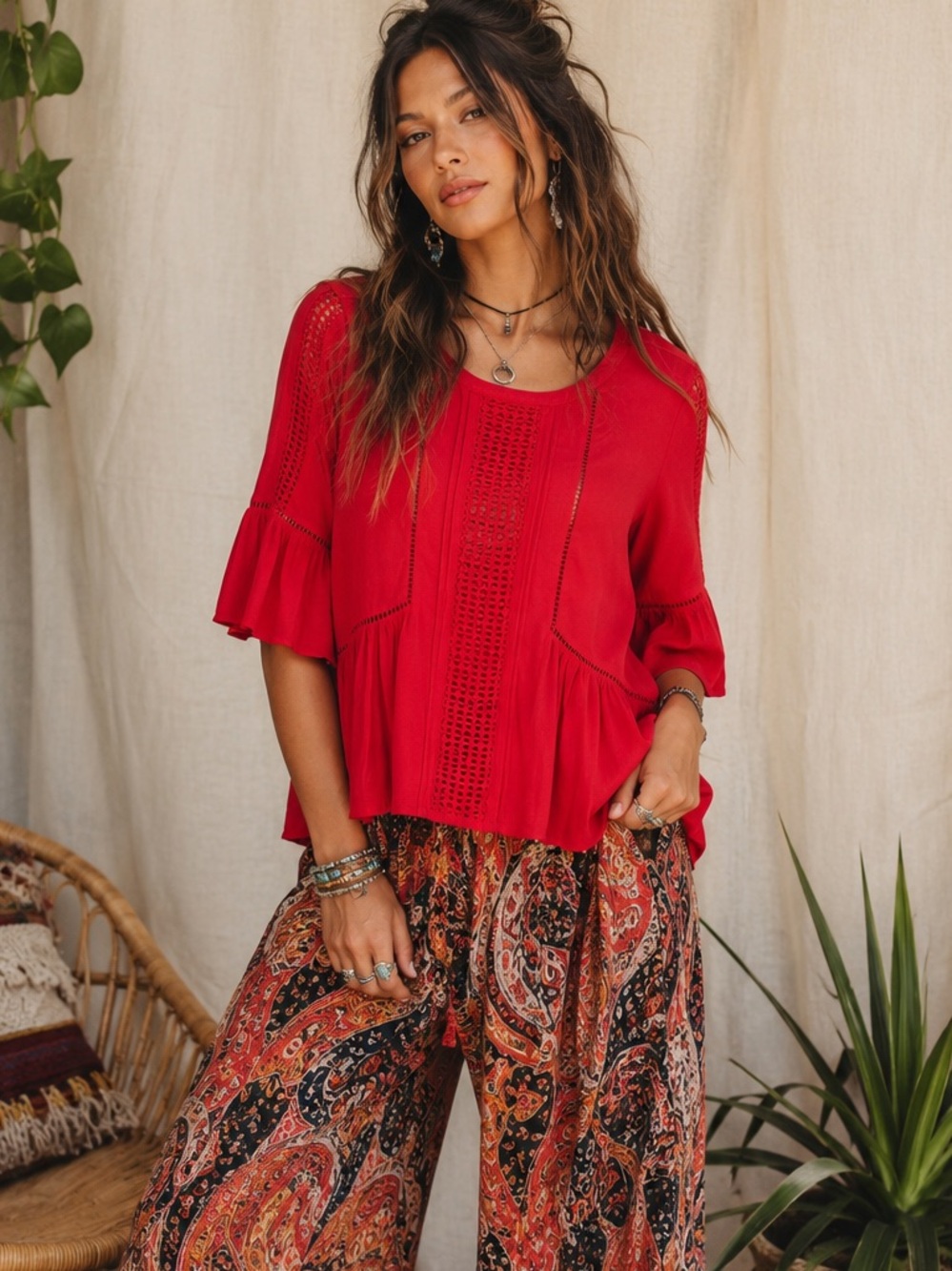 Halogen Red Crochet Trim Boho Romantic Peplum Blouse Medium
